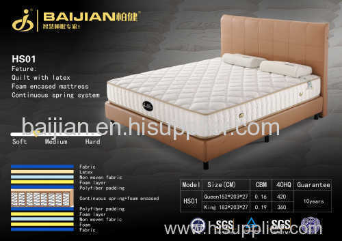 continuous spring & latex soft hotel mattress