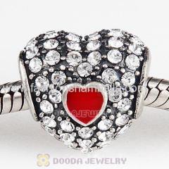 European Sterling Clear Pave Enamel Heart with Clear Austrian Crystal Charm