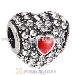 European Sterling Clear Pave Enamel Heart with Clear Austrian Crystal Charm