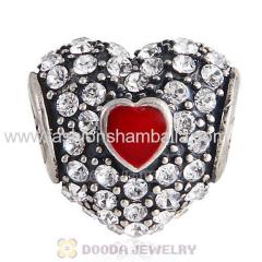 European Sterling Clear Pave Enamel Heart with Clear Austrian Crystal Charm