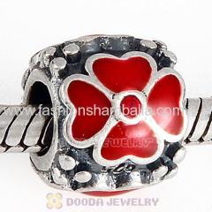 Sterling Silver Enamel Red four-leaf clover with Crystal Charm Beads