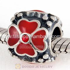 Sterling Silver Enamel Red four-leaf clover with Crystal Charm Beads