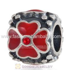 Sterling Silver Enamel Red four-leaf clover with Crystal Charm Beads