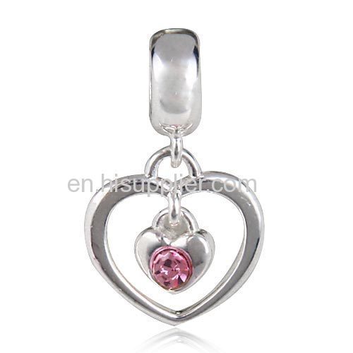 European Sterling Silver Dangle Radiant Heart Beads with Light Rose Austrian Crystal