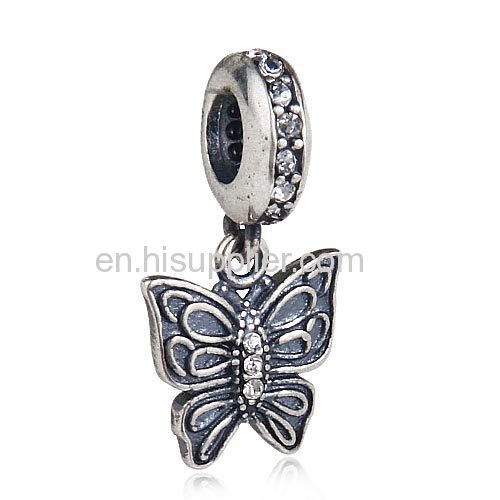 European Sterling Silver Dangle Love Butterfly Beads with Clear Austrian Crystal New Design