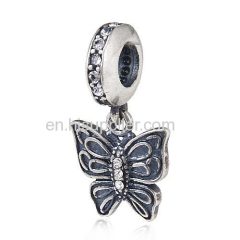 European Sterling Silver Dangle Love Butterfly Beads with Clear Austrian Crystal