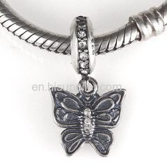 European Sterling Silver Dangle Love Butterfly Beads with Clear Austrian Crystal