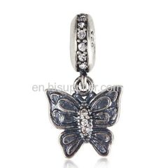 European Sterling Silver Dangle Love Butterfly Beads with Clear Austrian Crystal