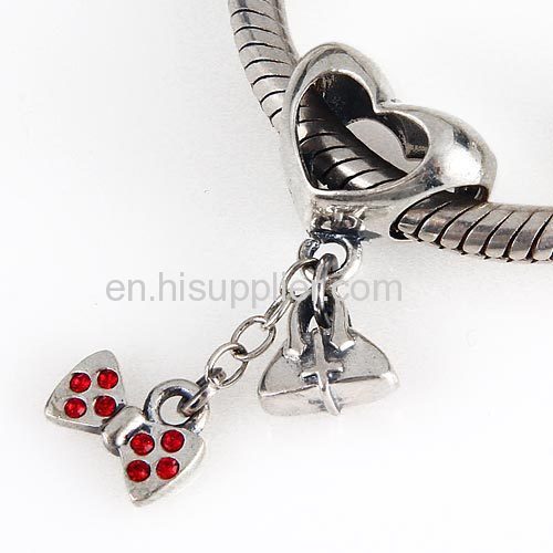 2014 New Arrival Sterling Silver Dangle Fashionably Tied Minnie Mouse Bow Beads with Light Siam Austrian Crystal