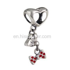 Sterling Silver Dangle Fashionably Tied Minnie Mouse Bow Beads with Light Siam Austrian Crystal