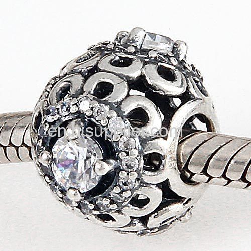 Hot Sale Antique Sterling Silver Floral Brilliance Beads with Clear CZ Stones in China