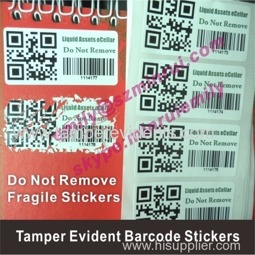 Custom tamper evident qr and barcode stickers with serials numbers Anti-tamper brittle qr and barcode destructible label