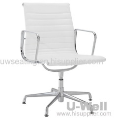 White Genuine Leather Ribbed Mid Back Conference Office Side aluminum Chair