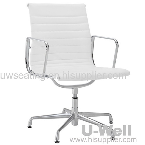 White Genuine Leather Ribbed Mid Back Conference Office Side aluminum Chair