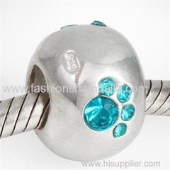 This Cute Sterling Silver Paw Prints Beads With Blue Zircon Austrian Crystal Hot Selling