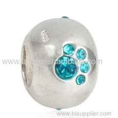 Sterling Silver Paw Prints Beads With Blue Zircon Austrian Crystal