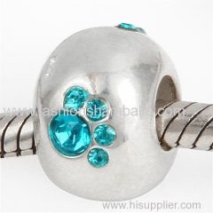 Sterling Silver Paw Prints Beads With Blue Zircon Austrian Crystal