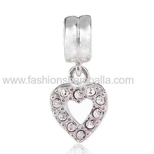 Fashion Design Sterling Silver Heart Dangle Charms with Clear Austrian Crystal