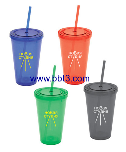 Promotional plastic double wall tumbler with straw