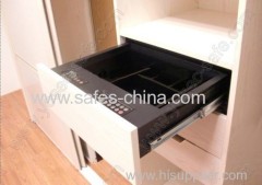 Front opening hotel drawer safe with slide