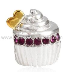 Sterling Silver Golden Heart Cupcake Beads with Clear Austrian Crystal European Style