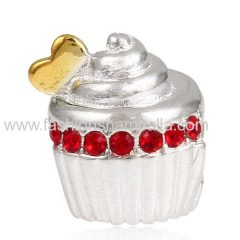 Sterling Silver Golden Heart Cupcake Beads with Clear Austrian Crystal European Style