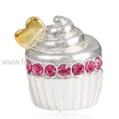 Sterling Silver Golden Heart Cupcake Beads with Clear Austrian Crystal European Style