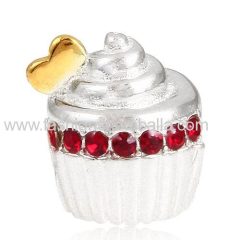 Sterling Silver Golden Heart Cupcake Beads with Clear Austrian Crystal European Style