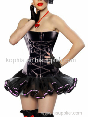 zipper front black leahter corset with layered skirt