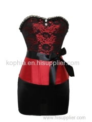 red jacquard corset with belt and skirt