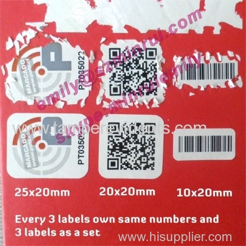 Custom Sets Of Sequence Numbers Barcode And QR code Destructible Labels Destructible Security Brittle Labels in Sets