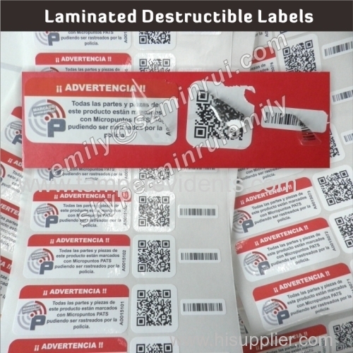 Custom Cannot Removed One Time Use Laminated Fragile Strong Self Adhesive Destructible Labels With Barcode&Sequence No.