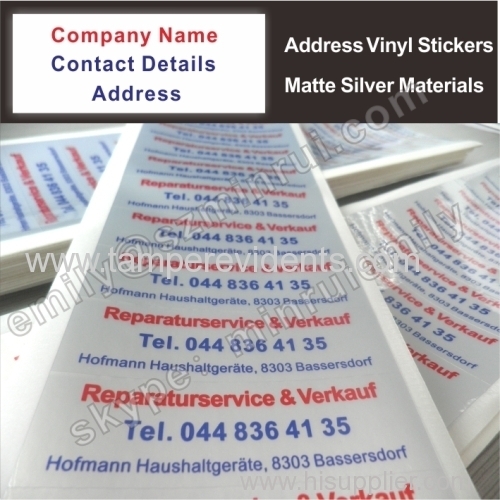 Custom Indesteructible Water Proof Matte Silver PET Vinyl Address Label With Company Name Contact Details
