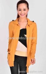 yellow women's cardigan with tape on collar