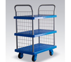 Three layers plastic trolley mesh sides platform utility handcart with wheels