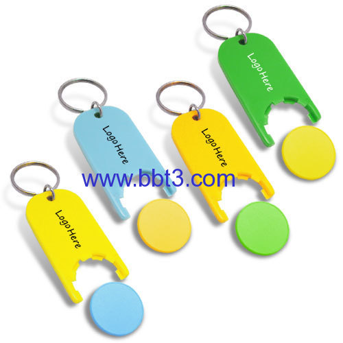 Promotional plastic coin holder with keychain for 1 EURO