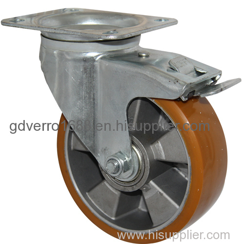 Industry heavy duty aluminum core PU casters with brakes and foot guards