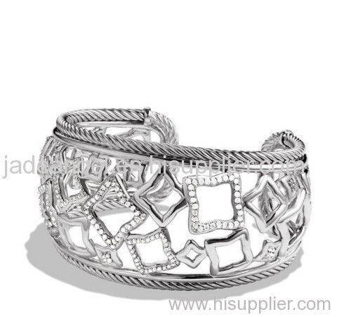925 Sterling Silver Quatrefoil Wide Cuff with Diamonds Wide Tapestry Cuff Bracelet