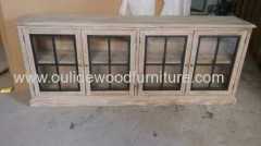 Recycled fir low display cabinets with iron doors and glass