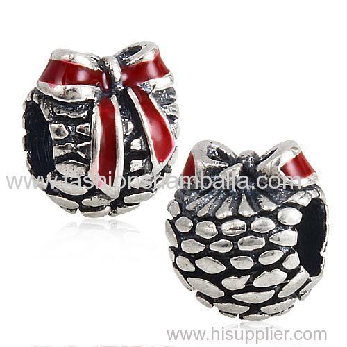 Sterling Silver Red Enamel Pinecone Christmas gift Charm Beads with Big Hole