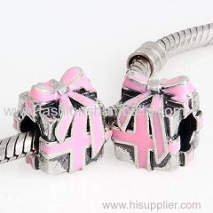 European Syle Sterling Silver Wrapped with Love with Pink Enamel Charm Beads Wholesale