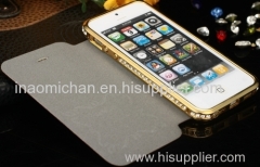 Metal Bumper With Rhinestone Inlaid PU Leather Case for iPhone5/5S