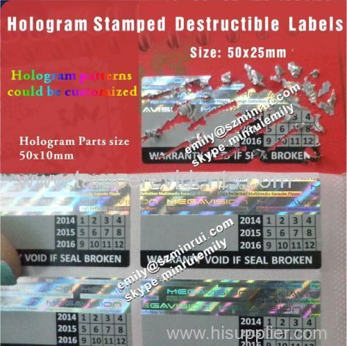 Holographic strip embossed destructive labels