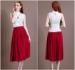 Chic Two Piece White High collar lace ladies Suit Dresses Red tea length skirts