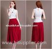 Chic Two Piece White High collar lace ladies Suit Dresses Red tea length skirts