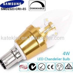 4w SBC B15 dimmable LED clear candle bulb with a 3 year Guarantee 2700k warm white