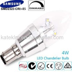 4w SBC B15 dimmable LED clear candle bulb with a 3 year Guarantee 2700k warm white