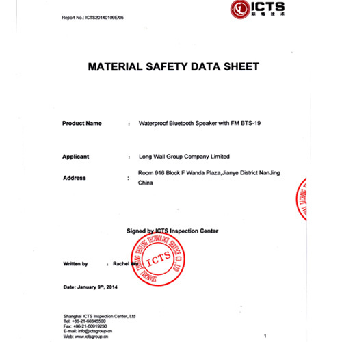 MSDS-Material Safety Data Sheet report for waterproof shower speaker bts19