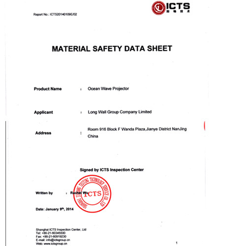 MSDS-Material Safety Data Sheet report for Aurora Master ocean wave projector
