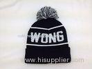 Black Cuffed Knitted Beanie Hats with Pom Pom Ball Top and Jacquard Logo